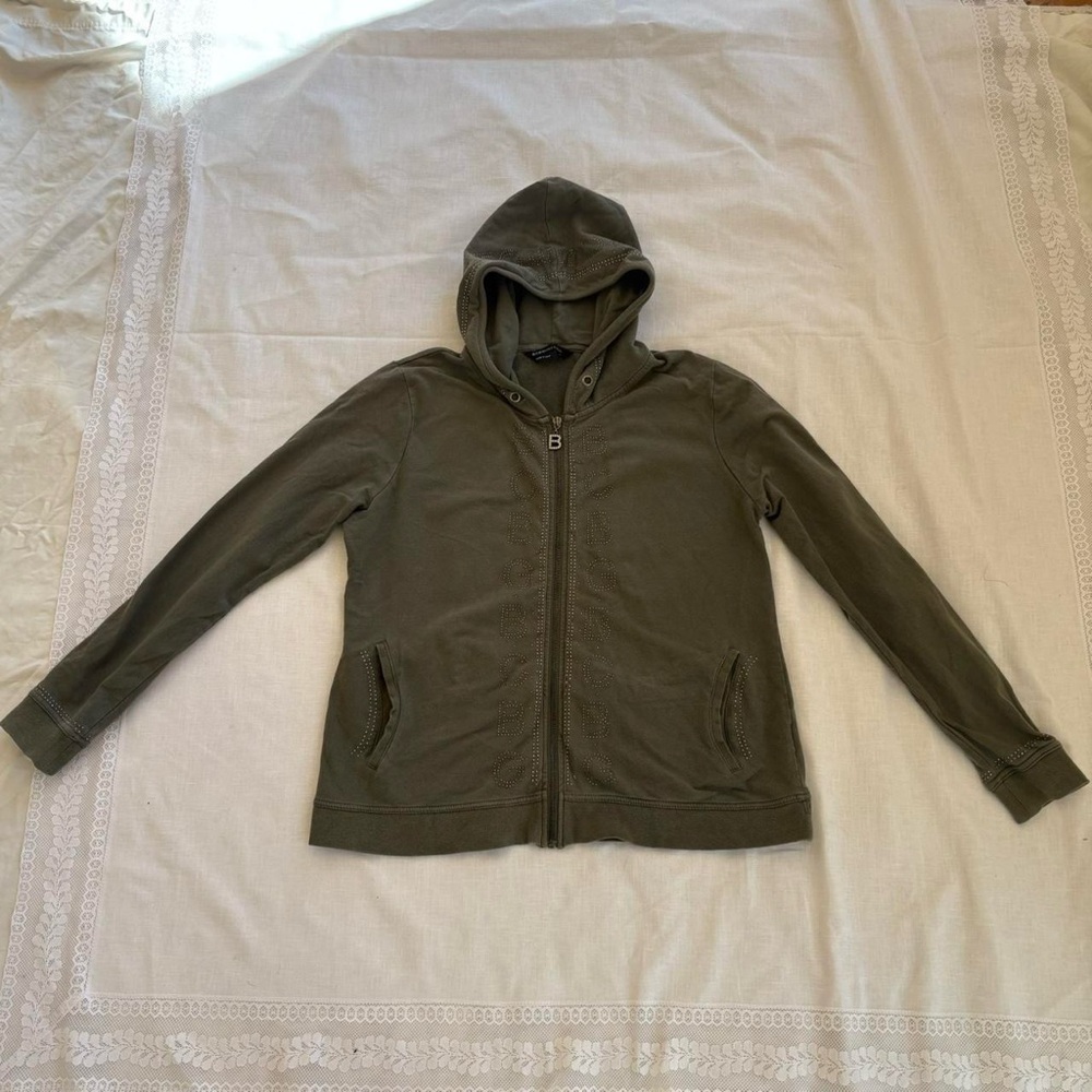 Y2K BCBG Army Green Stud Bedazzled Mcbling Tracksuit Jacket Zipup Hoodie Sz XL
